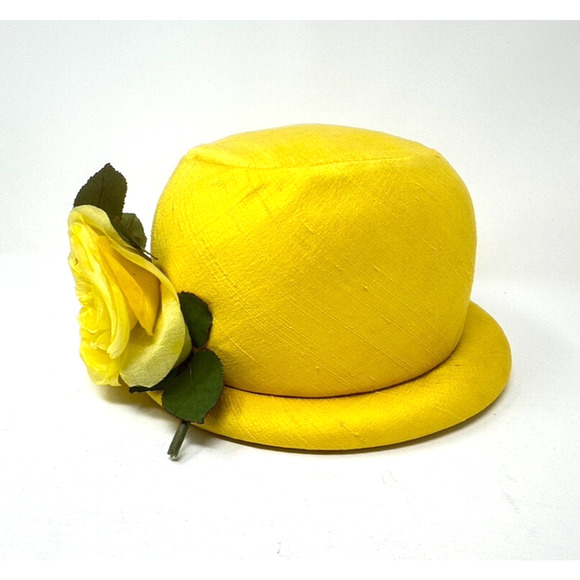 Vintage Miss Alice Bowler Hat Yellow Silk with Flower Embellishment - Picture 7 of 10